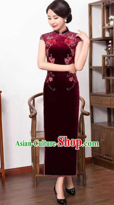 Top Grade Chinese National Costume Amaranth Pleuche Qipao Dress Traditional Lace Cheongsam for Women