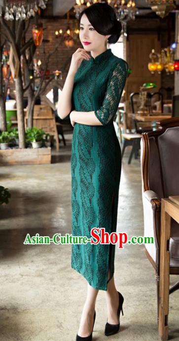 Top Grade Chinese Elegant Cheongsam Traditional China Green Lace Tang Suit Qipao Dress for Women