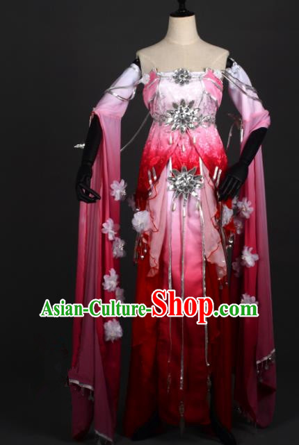 Chinese Ancient Female Knight-errant Rosy Costume Cosplay Swordswoman Dress Hanfu Clothing for Women