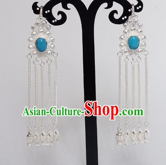 Chinese Traditional Zang Nationality Handmade Sliver Tassel Blue Earrings, China Tibetan Ethnic Eardrop for Women
