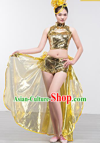 Top Grade Stage Performance Jazz Dance Costume Opening Modern Dance Golden Clothing and Headpiece for Women