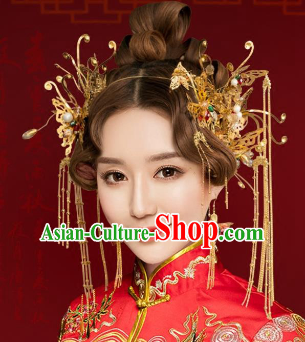 Chinese Traditional Hair Accessories Xiuhe Suit Handmade Tassel Phoenix Coronet Ancient Hairpins Step Shake for Women