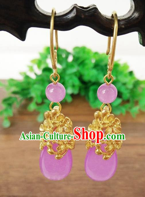 Top Grade Chinese Handmade Wedding Accessories Hanfu Palace Purple Jade Brass Earrings for Women