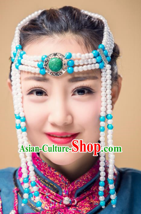 Traditional Chinese Mongol Nationality White Beads Hair Accessories, Mongolian Minority Dance Hair Clasp for Women