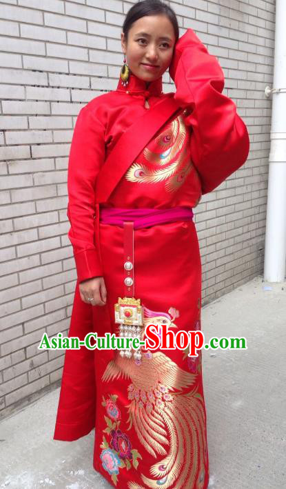 Chinese Traditional Minority Dance Costume Zang Nationality Clothing Red Tibetan Robe for Women