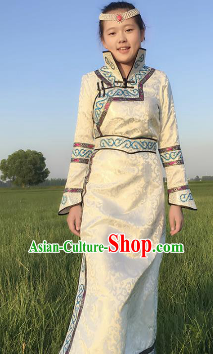Chinese Mongol Nationality Female Ethnic Costume, Traditional Mongolian Folk Dance White Mongolian Robe for Women