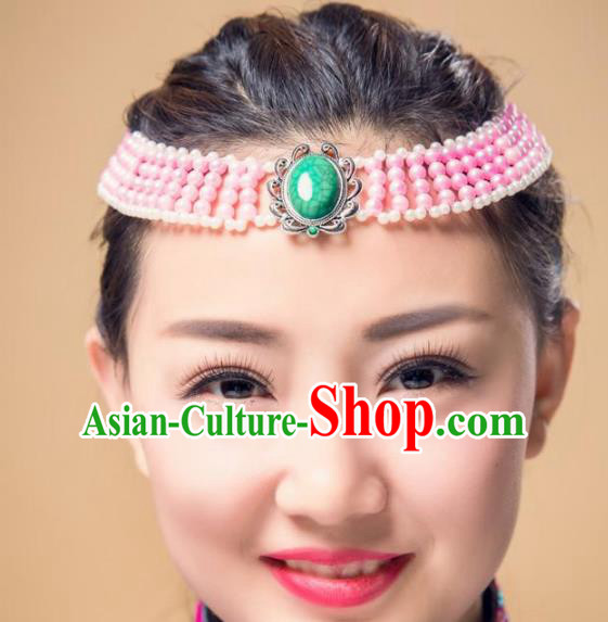 Chinese Traditional Ethnic Pink Beads Hair Accessories, Mongolian Minority Folk Dance Headwear for Women