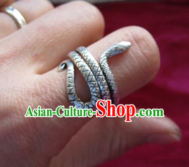 Chinese Miao Nationality Ornaments Sliver Snake Ring Traditional Hmong Finger Ring for Women