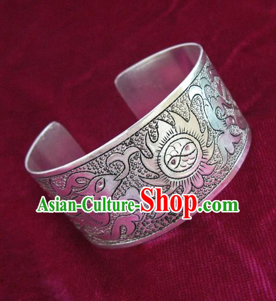 Handmade Chinese Miao Nationality Carving Phoenix Bracelet Traditional Hmong Sliver Bangle for Women