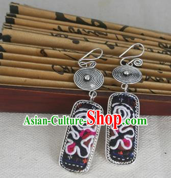Chinese Miao Sliver Traditional Embroidered Earrings Hmong Ornaments Minority Headwear for Women