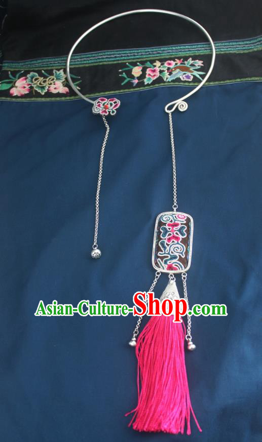 Chinese Traditional Miao Sliver Necklace Hmong Ornaments Minority Rosy Tassel Longevity Lock for Women