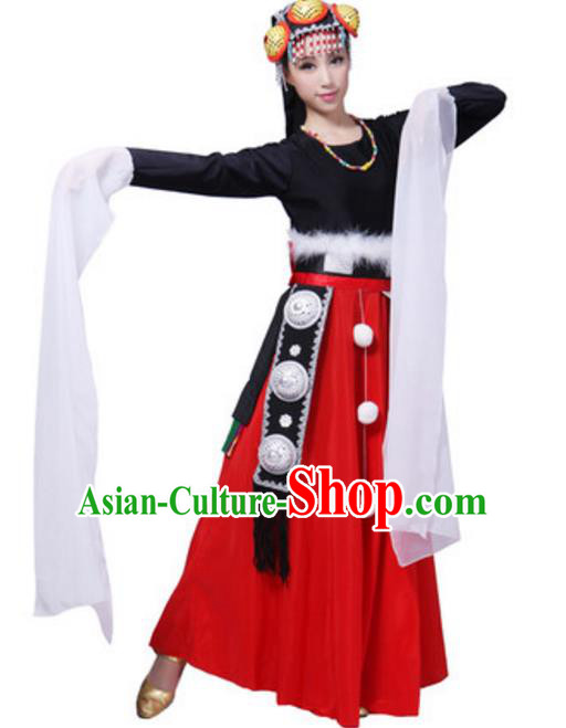 Traditional Chinese Tibetan Ethnic Dance Dress, China Zang Minority Folk Dance Costume and Headwear for Women