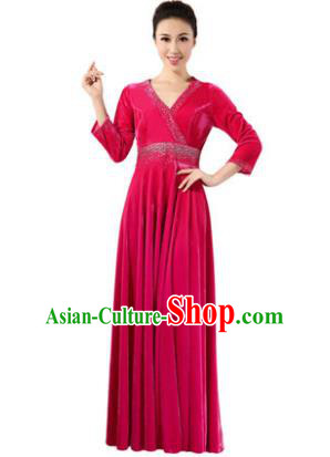 Traditional Chorus Singing Group Modern Dance Costume, Compere Classical Dance Rosy Velvet Dress for Women