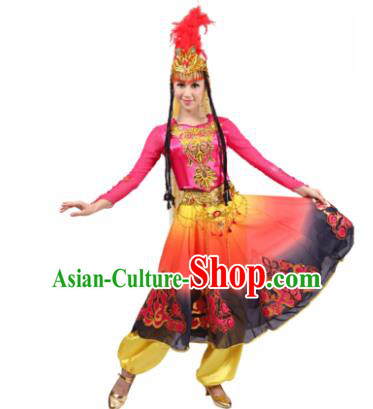 Traditional Chinese Uyghur Nationality Pink Dress, Xinjiang Uigurian Minority Folk Dance Ethnic Costume for Women