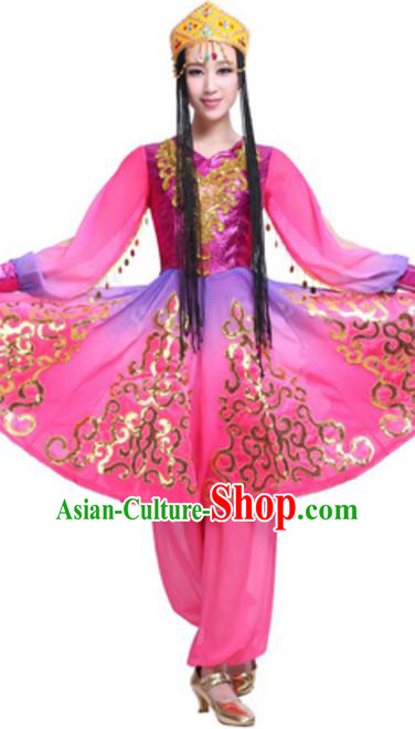 Traditional Chinese Uyghur Ethnic Dance Rosy Dress, Uigurian Minority Folk Dance Costume and Headwear for Women