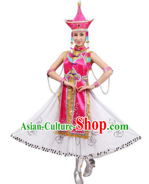 Traditional Chinese Mongolian Nationality Costume, Chinese Mongols Princess Ethnic Dance Pink Dress Clothing and Hat for Women