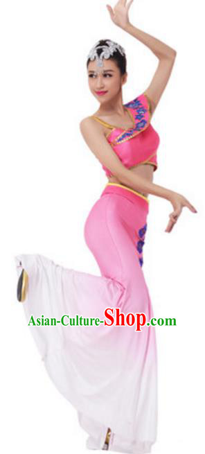 Traditional Chinese Dai Nationality Female Pink Dress, China Dai Ethnic Peacock Dance Costume and Headwear for Women