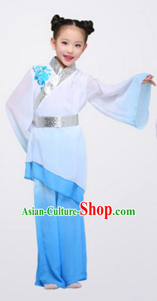 Top Grade Chinese Classical Dance Folk Dance Clothing Stage Performance Yangko Dance Blue Costume for Kids