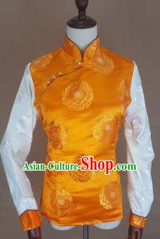 Chinese Traditional Zang Nationality Yellow Brocade Vest, China Tibetan Waistcoat Costume for Women