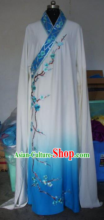 Chinese Traditional Beijing Opera Scholar Costumes Embroidered Plum Blossom Blue Robe for Adults