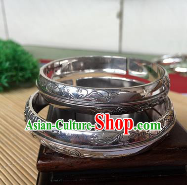 Handmade Chinese Miao Nationality Sliver Bracelet Traditional Hmong Carving Orchid Bangle for Women