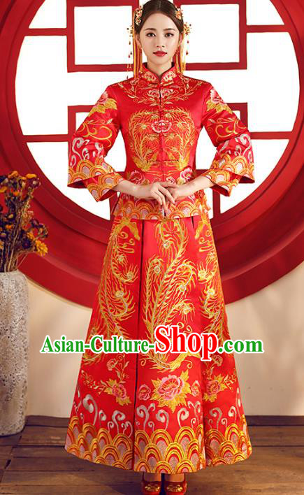 Top Grade Chinese Traditional Wedding Costumes Embroidered Phoenix Red Xiuhe Suits Bride Dress for Women