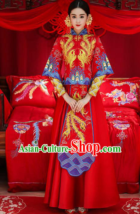 Chinese Traditional Wedding Costumes Top Grade Longfeng Flown Bride Embroidered Phoenix Xiuhe Suits for Women
