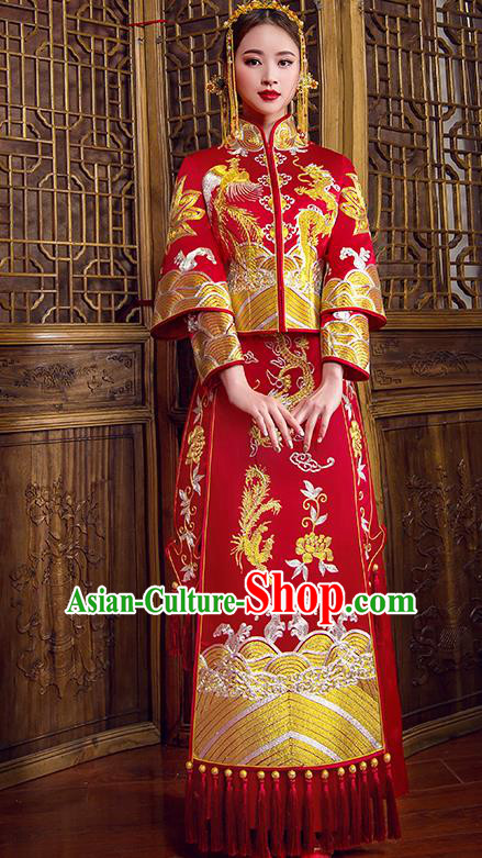 Traditional Chinese Bridal Wedding Costumes Ancient Bride Red Embroidered Dragon Phoenix Longfeng Flown XiuHe Suit for Women
