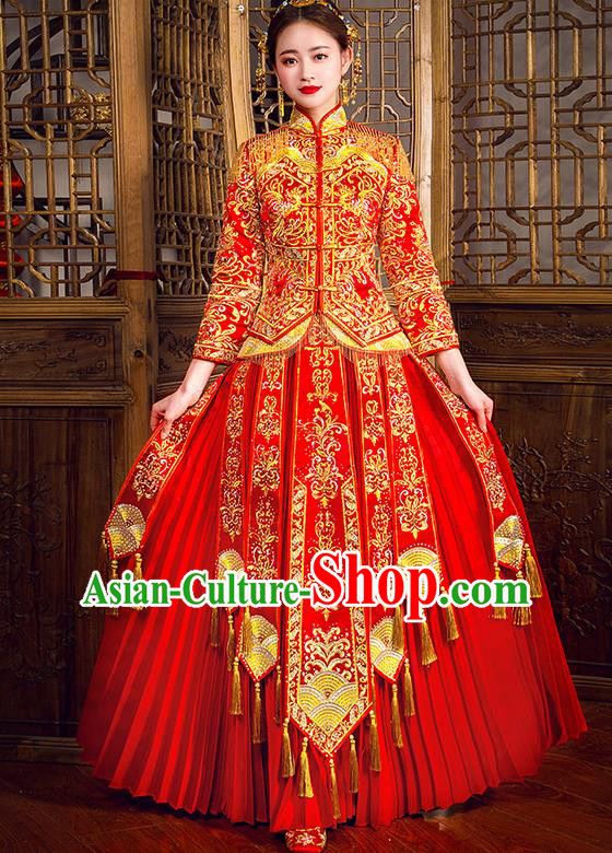 Traditional Chinese Female Wedding Costumes Ancient Embroidered Full Dress Red XiuHe Suit for Bride