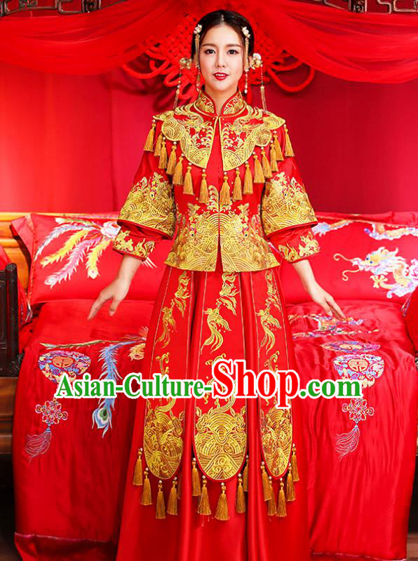 Traditional Chinese Female Wedding Costumes Ancient Embroidered Red Bottom Drawer XiuHe Suit for Bride