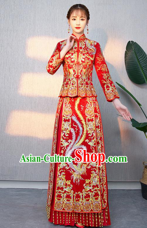 Chinese Ancient Bottom Drawer Traditional Wedding Costumes Embroidered Phoenix Red XiuHe Suit for Women