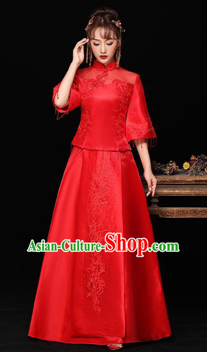Chinese Ancient Wedding Costumes Bride Red Formal Dresses Embroidered Longfenggua XiuHe Suit for Women