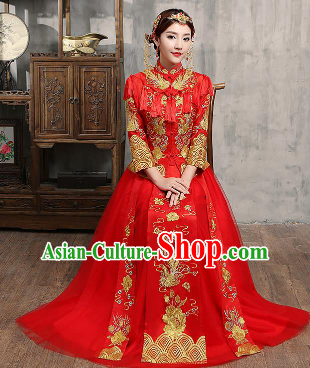Chinese Traditional Embroidered Wedding Dress Red Tassel XiuHe Suit Ancient Bride Cheongsam for Women