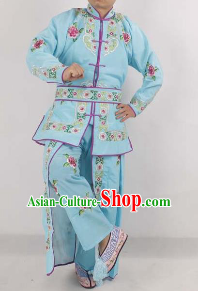 Chinese Peking Opera Female Warrior Costume Ancient Swordswoman Embroidered Blue Clothing for Adults