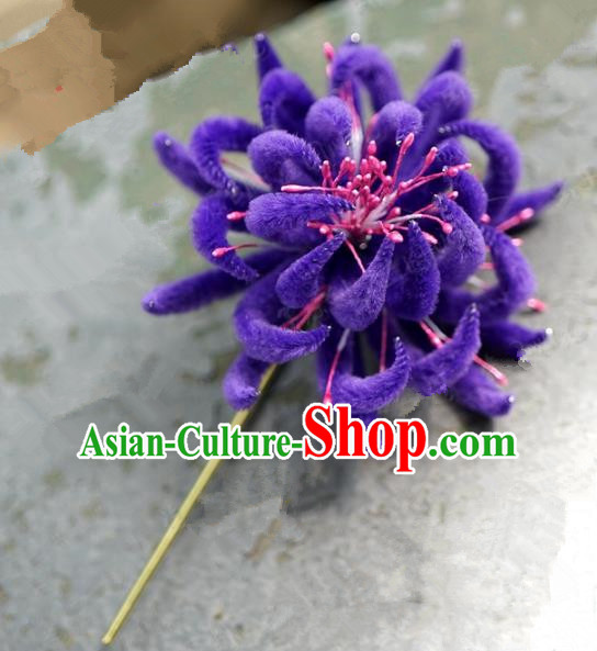Top Grade Chinese Handmade Hair Accessories Qing Dynasty Purple Velvet Chrysanthemum Flowers Hairpins for Women