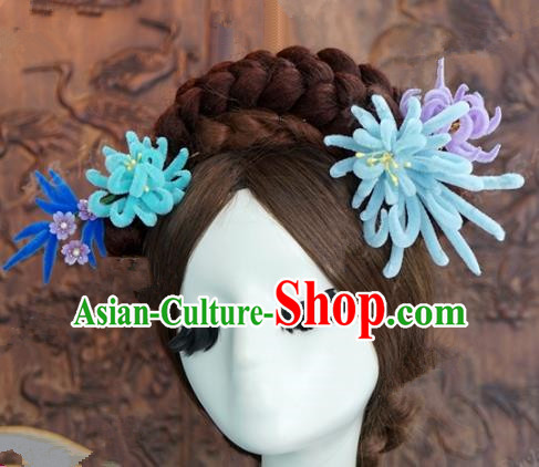 Top Grade Chinese Handmade Hair Accessories Qing Dynasty Princess Blue Velvet Chrysanthemum Hairpins for Women