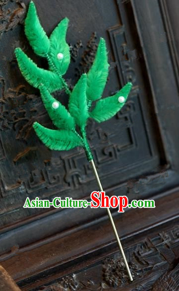Chinese Handmade Hair Accessories Qing Dynasty Princess Green Velvet Leaf Hairpins for Women