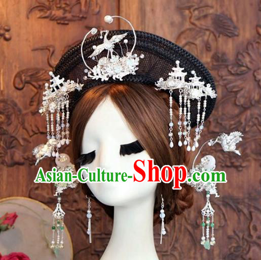 Chinese Ancient Handmade Hanfu Crane Hairpins Wedding Hair Accessories Complete Set for Women