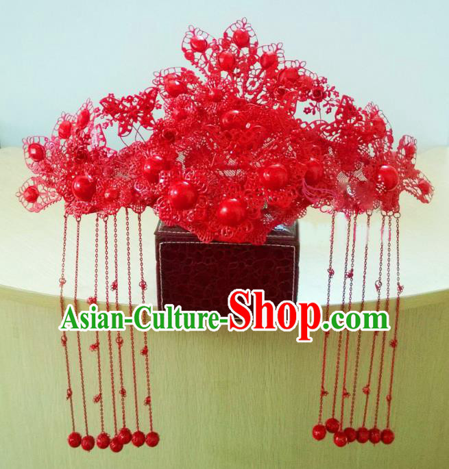 Chinese Ancient Handmade Empress Red Phoenix Coronet Bride Hair Accessories Headwear for Women