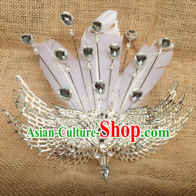 Chinese Ancient Handmade White Feather Phoenix Hair Comb Hairpins Bride Hair Accessories Headwear for Women