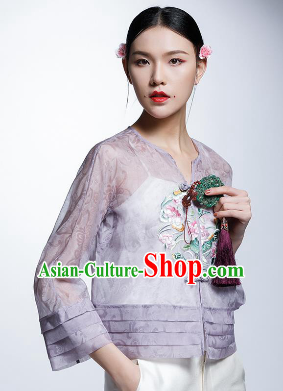 Chinese Traditional Costume Embroidered Lotus Purple Cheongsam Blouse China National Upper Outer Garment Shirt for Women