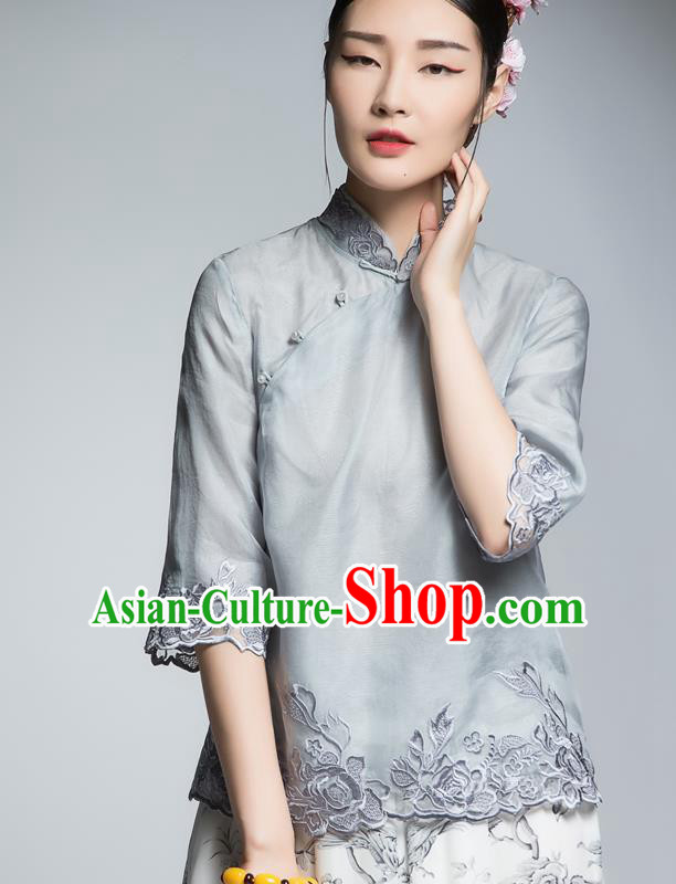 Chinese Traditional Tang Suit Embroidered Grey Blouse China National Upper Outer Garment Shirt for Women