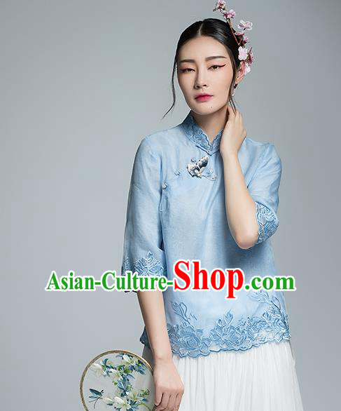 Chinese Traditional Tang Suit Embroidered Blue Blouse China National Upper Outer Garment Shirt for Women