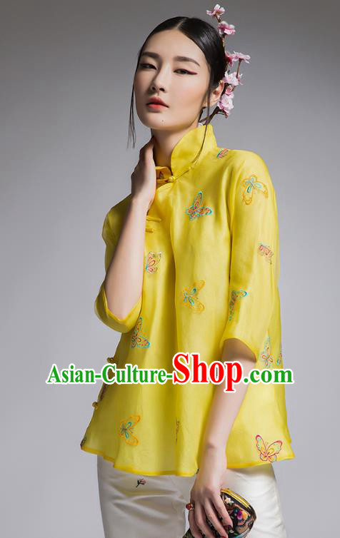 Chinese Traditional Tang Suit Embroidered Butterfly Yellow Blouse China National Upper Outer Garment Shirt for Women