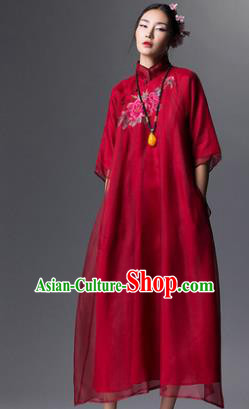 Chinese Traditional Tang Suit Red Cheongsam China National Embroidered Peony Qipao Dress for Women
