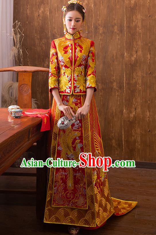 Traditional Chinese Ancient Red Bottom Drawer Embroidered Peony Xiuhe Suit Wedding Dress Toast Cheongsam for Women