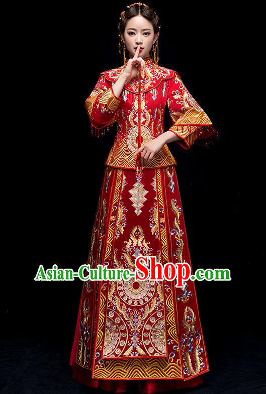Chinese Traditional Wedding Red Embroidered Costume Ancient Bride Xiuhe Suit Clothing for Women