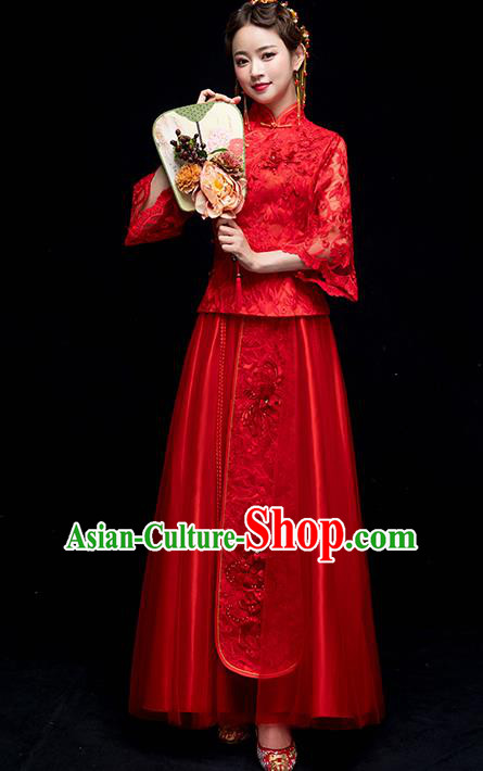 Chinese Traditional Wedding Embroidered Red Lace Costume Ancient Bride Xiuhe Suit Clothing for Women