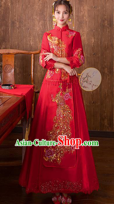Chinese Traditional Bridal Red Xiuhe Suit Embroidered Phoenix Peony Wedding Dress Ancient Bride Cheongsam for Women