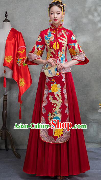 Chinese Traditional Embroidered Phoenix Xiuhe Suit Ancient Wedding Red Toast Cheongsam Dress for Women